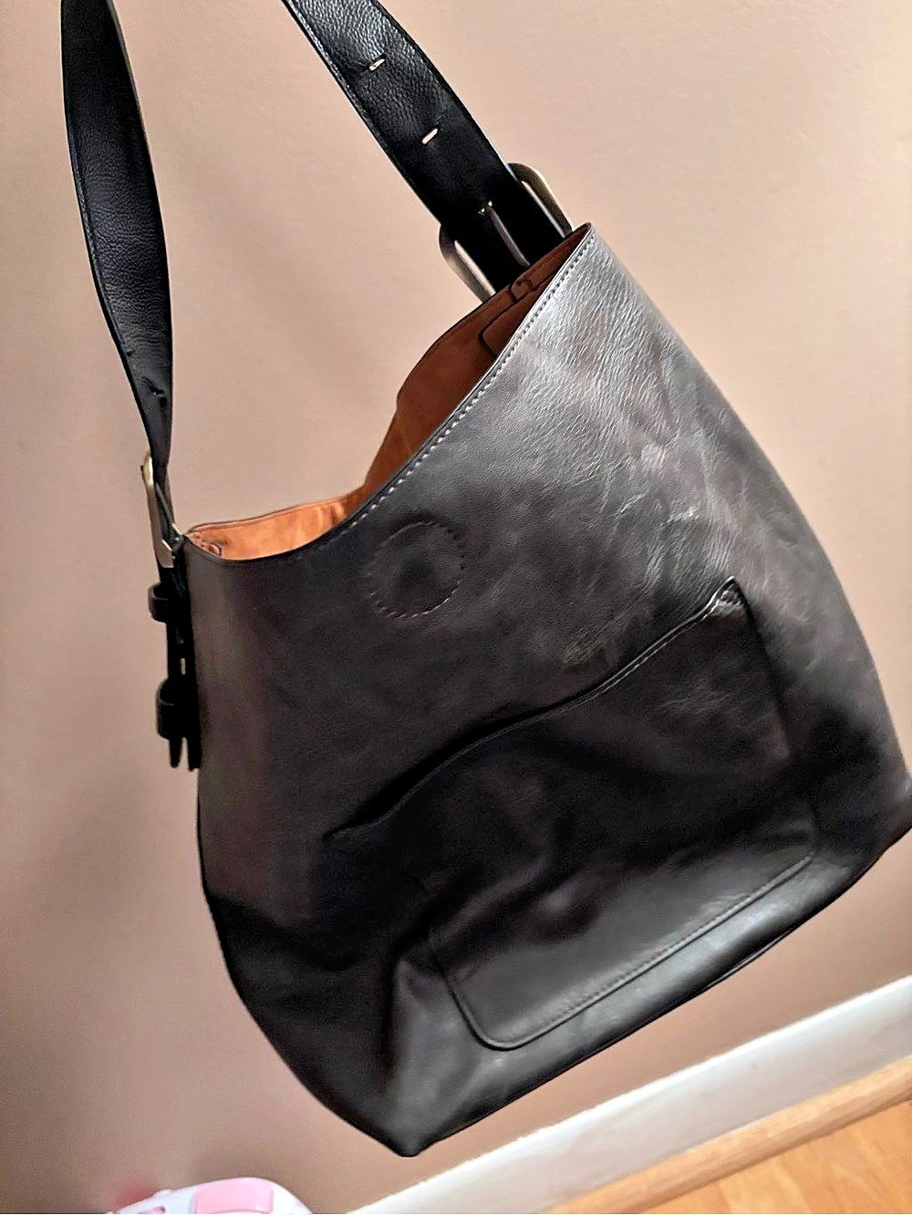 Black Leather-Style Hobo Bag